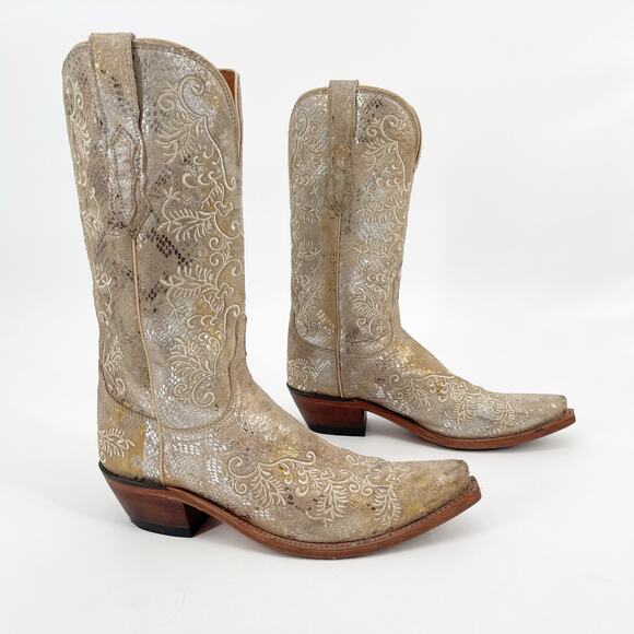 Lucchese Women’s 8.5 Stone Metallic Python Suede Snip Toe Cowgirl Western Boots - Picture 1 of 11